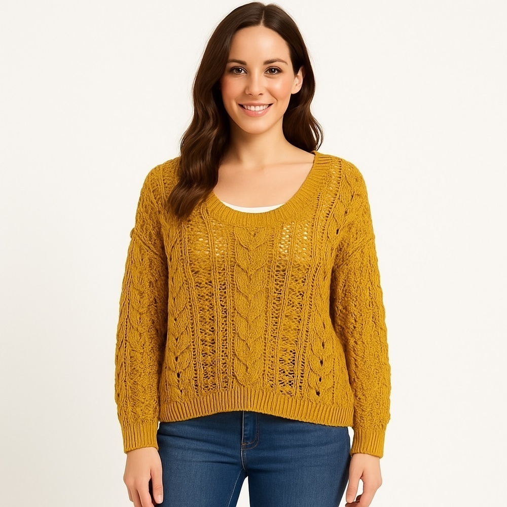 Elodie Open Cable Knit Sweater Spicy Mustard Yellow Size XS